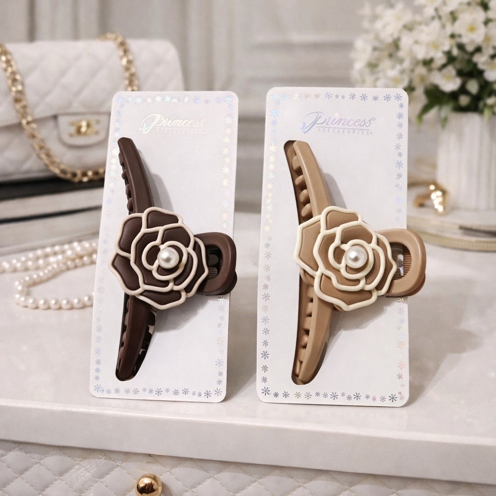 Boutique Rose Hair Claw Clips Set Brown & Taupe Pearl Flower Elegant